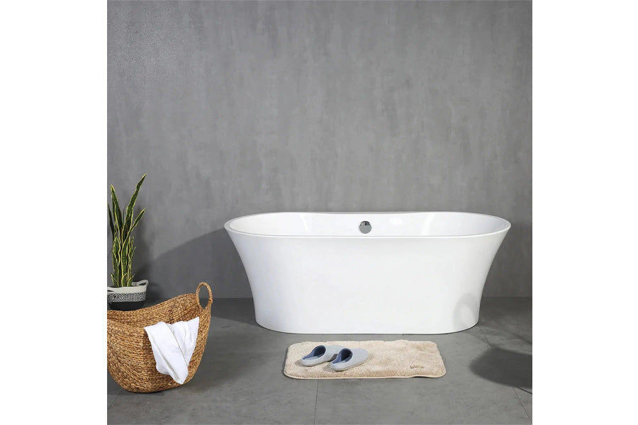 TONA Crystal 59" Glossy White Acrylic Freestanding Bathtub With Chrome Drain Cover and Overflow Cover