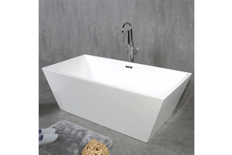 TONA Harmony 59" Glossy White Acrylic Freestanding Bathtub with Chrome-Plated Drain Cover and Overflow Cover