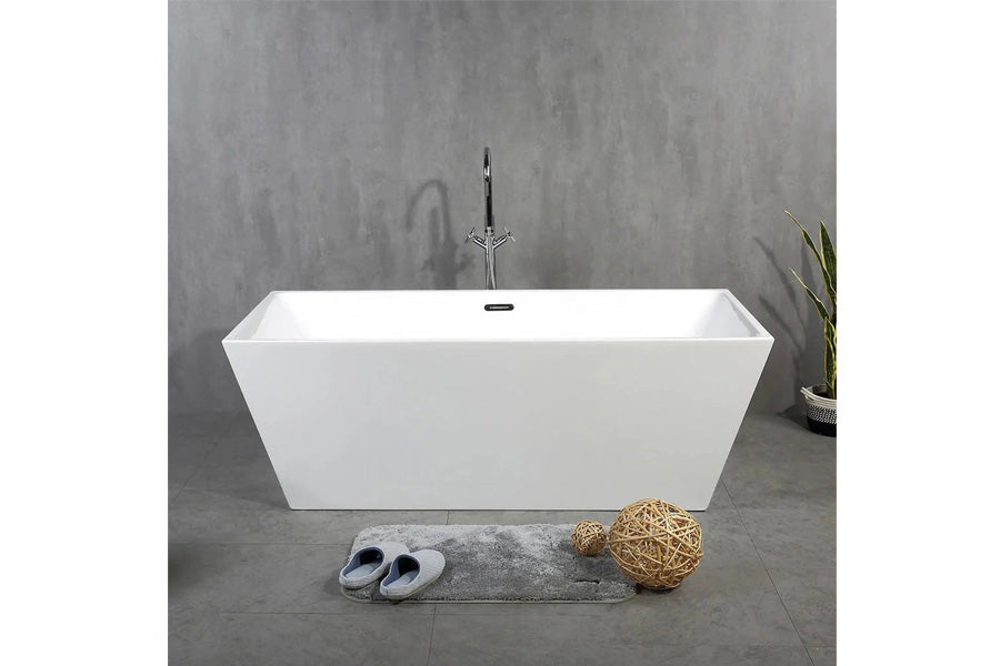 TONA Harmony 59" Glossy White Acrylic Freestanding Bathtub with Chrome-Plated Drain Cover and Overflow Cover