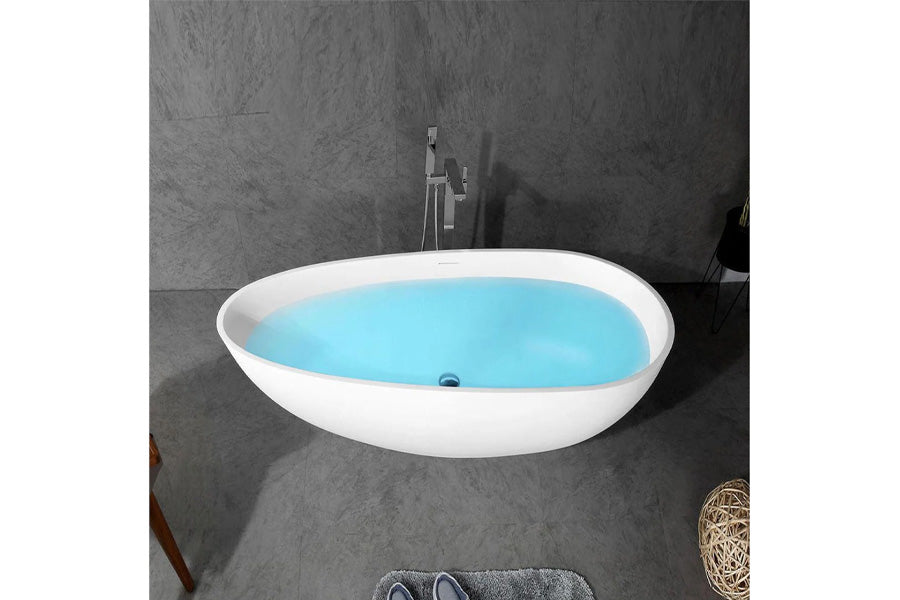 TONA Oceania 67" Matte White Oval Cast Stone Freestanding Bathtub Ice Crack Texture with Chrome-Plated Drain Cover & Overflow Cover