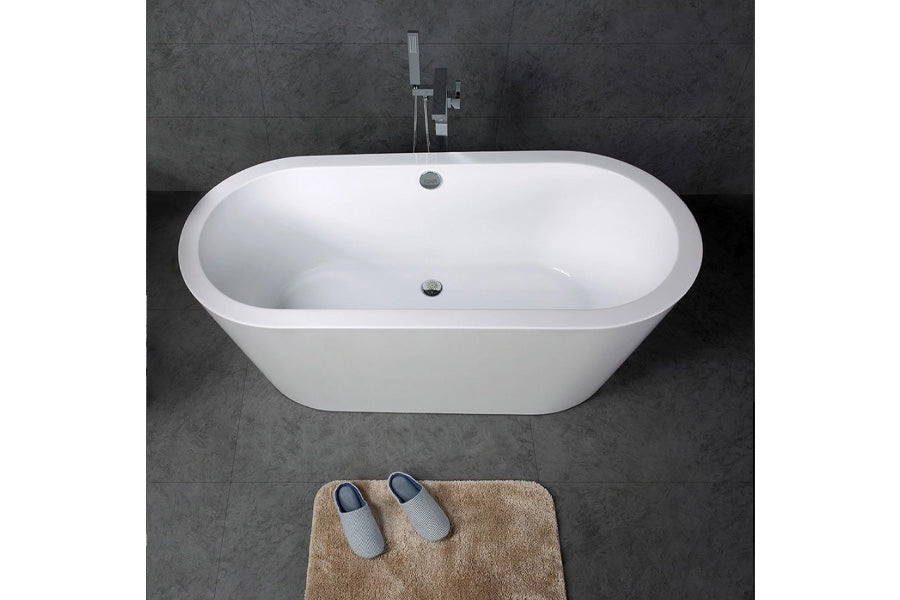 TONA Queen 67" Glossy White Acrylic Freestanding Oval Bathtub With Chrome-Plated Drain Cover & Overflow Cover