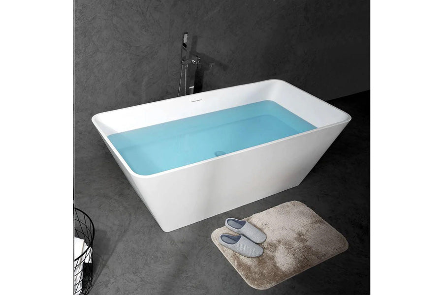 TONA Royal 67" Matte White Rectangular Cast Stone Freestanding Bathtub With Chrome-Plated Drain Cover and Overflow Cover
