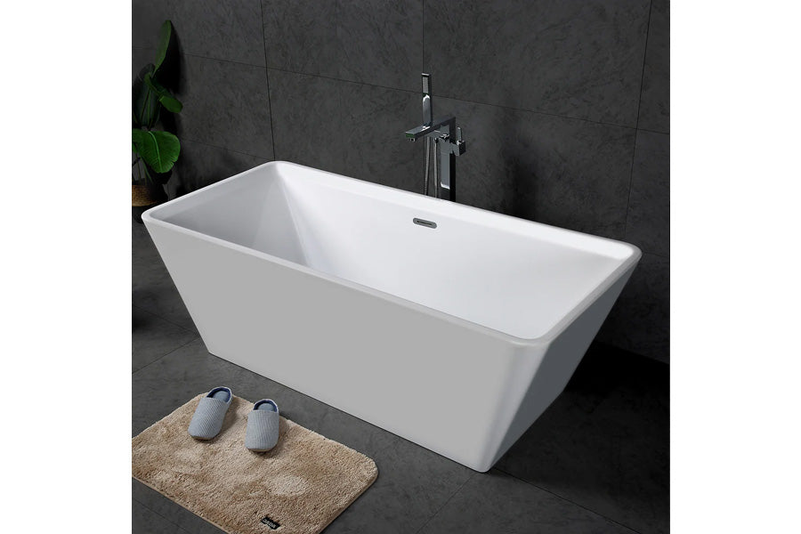 TONA Star Series Rectangular Acrylic Freestanding Bathtub in Glossy White with Crome-Plated Drain Cover and Overflow Cover