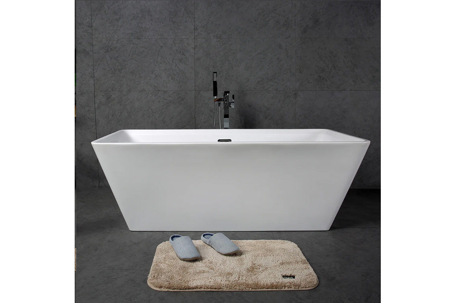 TONA Star Series Rectangular Acrylic Freestanding Bathtub in Glossy White with Crome-Plated Drain Cover and Overflow Cover
