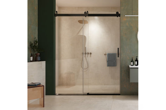 TONA 56" - 60" W x 76" H Frameless Soft-closing Single Sliding Shower Door, 3/8" (10mm) Tempered Glass with Easy-cleaning Coating, Matte Black 22D01-60MB