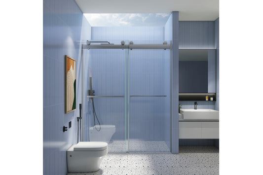 TONA 56 to 60 in. W x 76 in. H Double Sliding Frameless Soft-Close Shower Door, Premium 3/8 Inch (10mm) Thick Tampered Glass and Easy-cleaning Coating in Chrome 23D02-60C