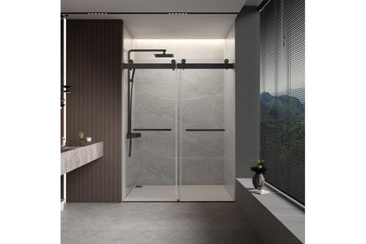 TONA 56 to 60 in. W x 76 in. H Double Sliding Frameless Soft-Close Shower Door with Premium 3/8 Inch (10mm) Thick Tampered Glass and Easy-cleaning Coating in Matte Black 23D02-60MB