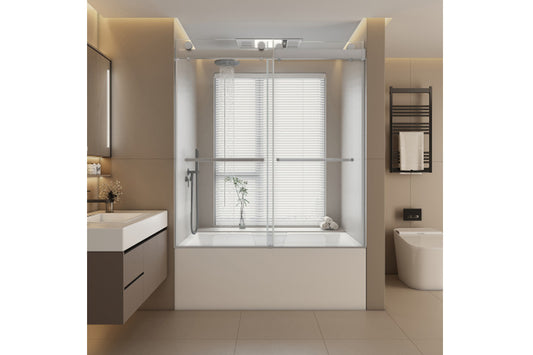 TONA 56" - 60" W x 65'' H Frameless Double Sliding Tub Door, Bypass Tub Door Clear Glass Soft Closing, 23D02-T60BN Brushed Nickel