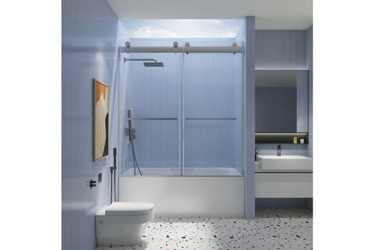 TONA 56"-60" W x 65'' H Frameless Double Sliding Tub Door, Bypass Tub Door Clear Glass Soft Closing in Chrome 23D02-T60C