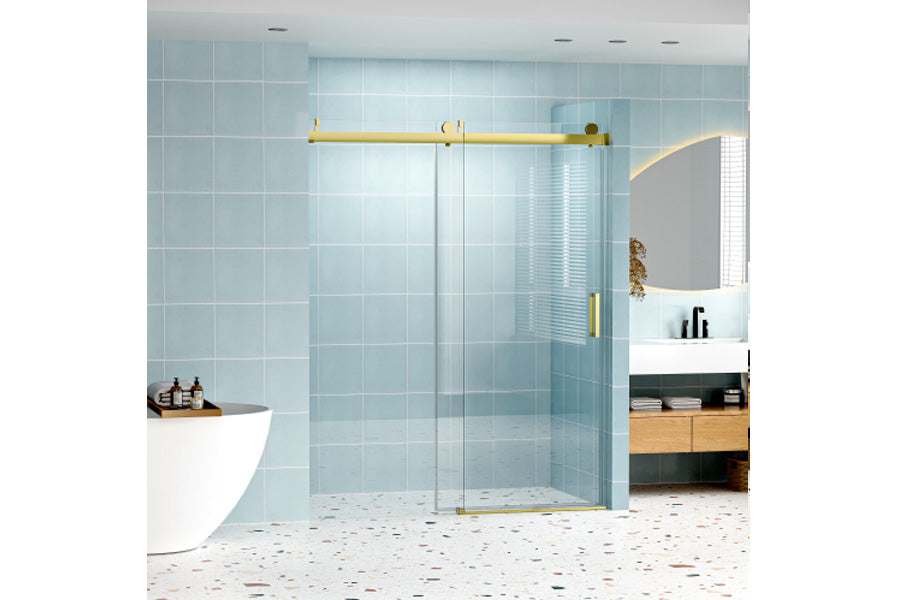 TONA 56" - 60" W x 76" H Frameless Soft-closing Single Sliding Shower Door, 1/4" (6mm) Tempered Glass with Explosion-proof Coating via Express Delivery, Gold 24D01-60GX