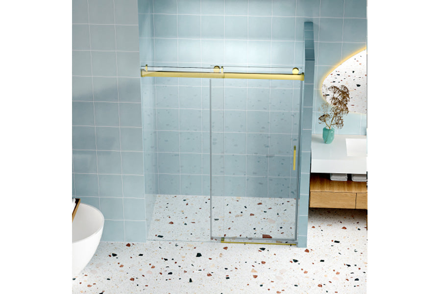 TONA 56" - 60" W x 76" H Frameless Soft-closing Single Sliding Shower Door, 1/4" (6mm) Tempered Glass with Explosion-proof Coating via Express Delivery, Gold 24D01-60GX