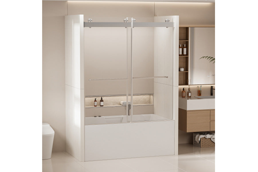 TONA 56-60 in. W x 62 in. H Frameless Double Sliding Tub Door, Bypass Tub Shower Door Soft Closing, Brushed Nickel 24D02-T60BNX