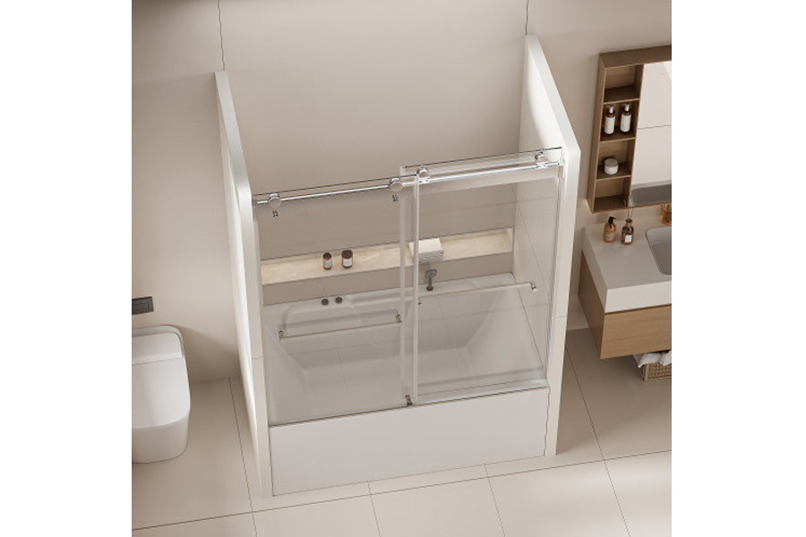 TONA 56-60 in. W x 62 in. H Frameless Double Sliding Tub Door, Bypass Tub Shower Door Soft Closing, Chrome 24D02-T60CHX
