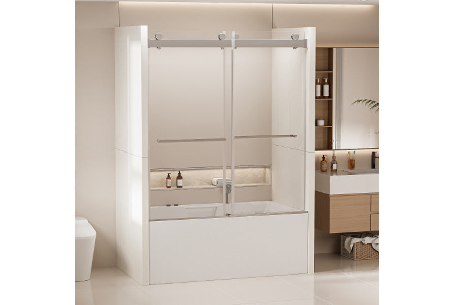 TONA 56-60 in. W x 62 in. H Frameless Double Sliding Tub Door, Bypass Tub Shower Door Soft Closing, Chrome 24D02-T60CHX