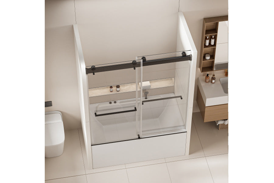 TONA 56-60 in. W x 62 in. H Frameless Double Sliding Tub Door, Bypass Tub Shower Door Soft Closing, Matte Black 24D02-T60MBX