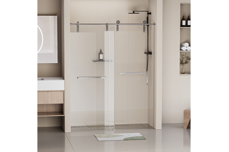 TONA 56-60 in. W x 76 in. H Frameless Shower Door, Single Sliding 5/16" (8mm) Clear Tempered Glass Shower Door with Explosion-Proof Film, Stainless Steel Hardware, Brushed Nickel 24D210-60BN-COMBO