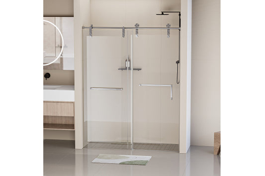 TONA 56-60 in. W x 76 in. H Frameless Shower Door, Single Sliding 5/16" (8mm) Clear Tempered Glass Shower Door with Explosion-Proof Film, Stainless Steel Hardware, Brushed Nickel 24D210-60BN-COMBO