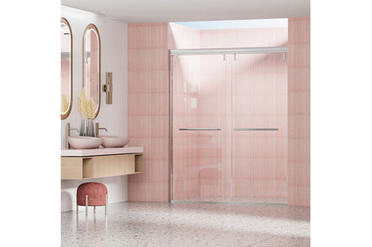 TONA 44 - 48 in. W x 72 in. H Semi-Frameless Shower Door, Double Sliding Shower Door, 1/4" (6mm) Clear Tempered Glass Shower Door with Explosion-Proof Film, Chrome 24D212S-48C