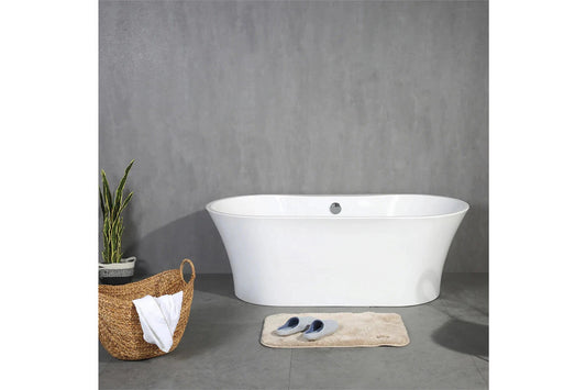 TONA Crystal 59" Glossy White Acrylic Freestanding Bathtub With Chrome Drain Cover and Overflow Cover