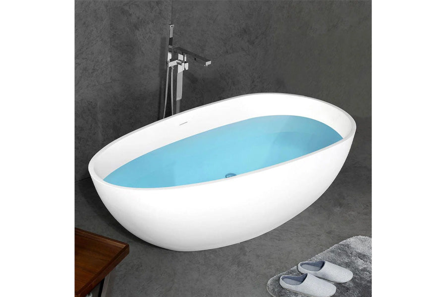 TONA Oceania 67" Matte White Oval Cast Stone Freestanding Bathtub Ice Crack Texture with Chrome-Plated Drain Cover & Overflow Cover