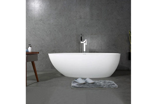 TONA Oceania 67" Matte White Oval Cast Stone Freestanding Bathtub Ice Crack Texture with Chrome-Plated Drain Cover & Overflow Cover