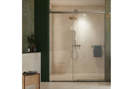 TONA 56 to 60 in. W x 76 in. H Sliding Frameless Soft-Close Shower Door with Premium 3/8 Inch (10mm) Thick Tampered Glass in Brushed Nickel 22D01-60BN