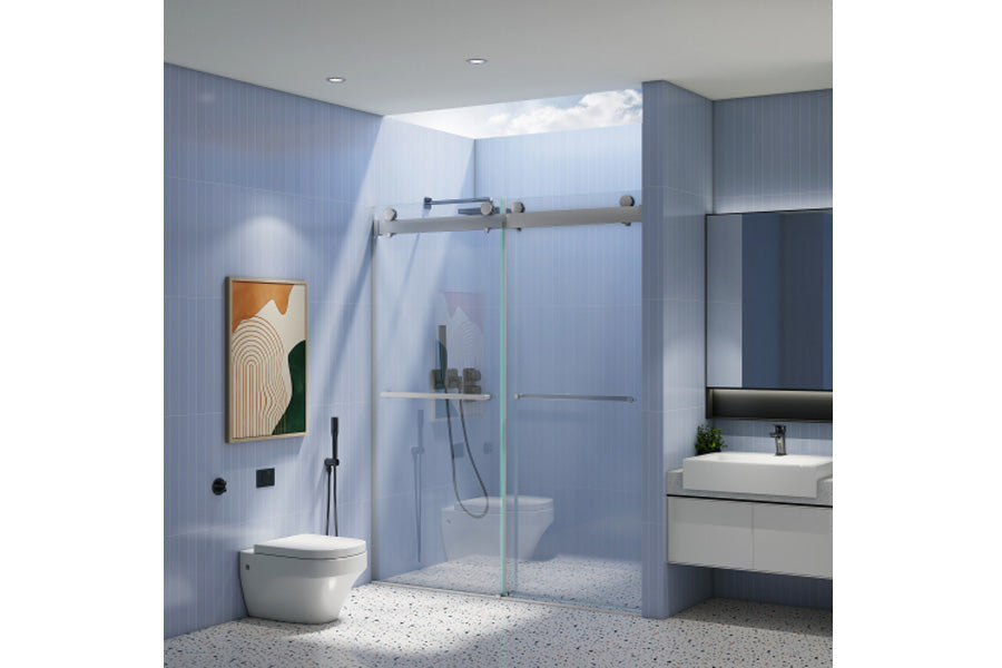 TONA 44 to 48 in. W x 76 in. H Double Sliding Frameless Soft-Close Shower Door, Premium 3/8 Inch (10mm) Thick Tampered Glass and Easy-cleaning Coating in Chrome 23D02-48C