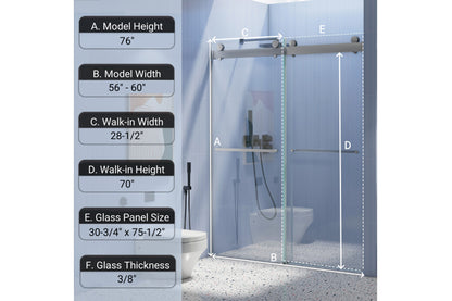 TONA 56 to 60 in. W x 76 in. H Double Sliding Frameless Soft-Close Shower Door, Premium 3/8 Inch (10mm) Thick Tampered Glass and Easy-cleaning Coating in Chrome 23D02-60C
