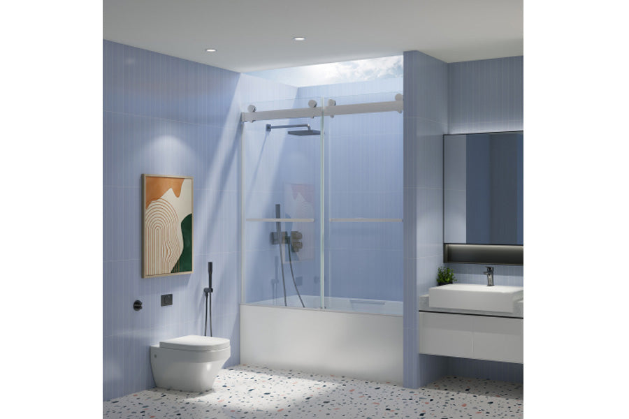 TONA 56" - 60" W x 65'' H Frameless Double Sliding Tub Door, Bypass Tub Door Clear Glass Soft Closing, 23D02-T60BN Brushed Nickel