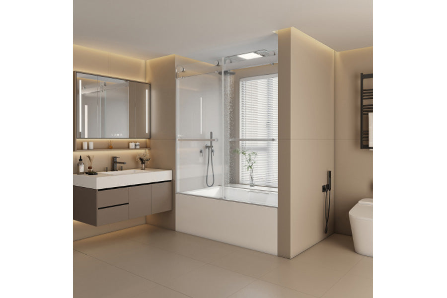 TONA 56" - 60" W x 65'' H Frameless Double Sliding Tub Door, Bypass Tub Door Clear Glass Soft Closing, 23D02-T60BN Brushed Nickel