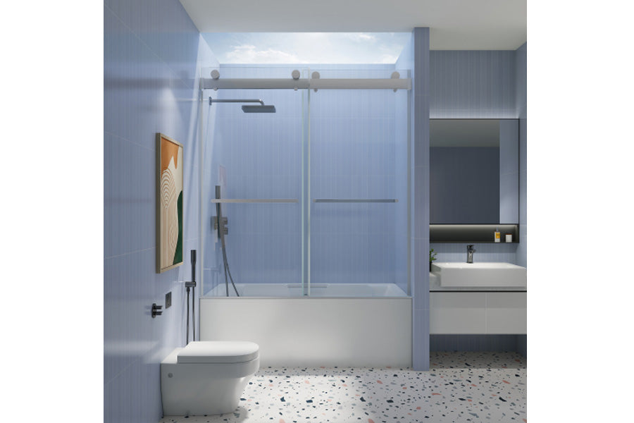 TONA 56" - 60" W x 65'' H Frameless Double Sliding Tub Door, Bypass Tub Door Clear Glass Soft Closing, 23D02-T60BN Brushed Nickel