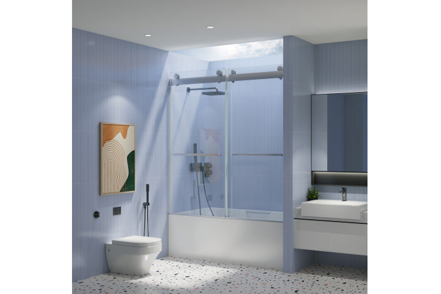 TONA 56"-60" W x 65'' H Frameless Double Sliding Tub Door, Bypass Tub Door Clear Glass Soft Closing in Chrome 23D02-T60C