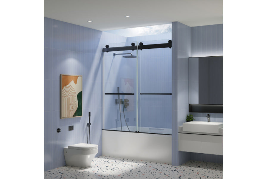 TONA 56"- 60" W x 65'' H Frameless Double Sliding Tub Door, Bypass Tub Door Clear Glass Soft Closing, 23D02-T60MB Matte Black