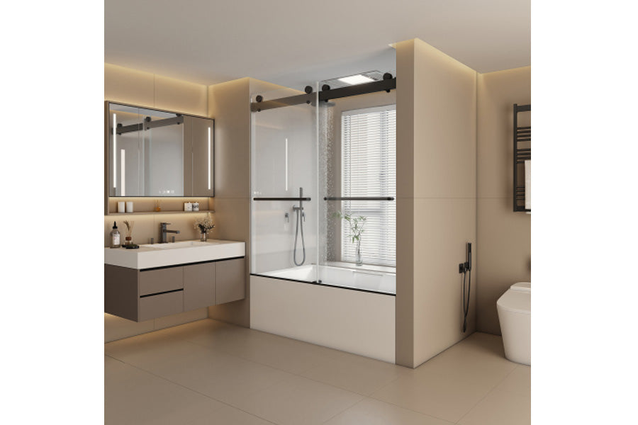 TONA 56"- 60" W x 65'' H Frameless Double Sliding Tub Door, Bypass Tub Door Clear Glass Soft Closing, 23D02-T60MB Matte Black