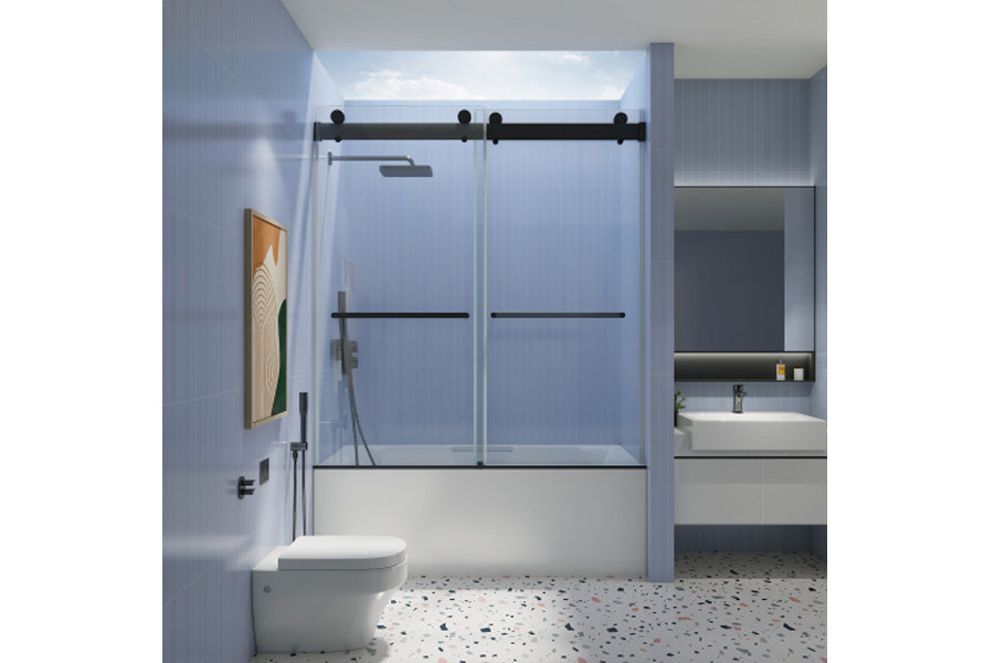 TONA 56"- 60" W x 65'' H Frameless Double Sliding Tub Door, Bypass Tub Door Clear Glass Soft Closing, 23D02-T60MB Matte Black