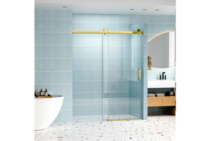 TONA 56" - 60" W x 76" H Frameless Soft-closing Single Sliding Shower Door, 1/4" (6mm) Tempered Glass with Explosion-proof Coating via Express Delivery, Gold 24D01-60GX