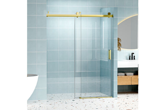 TONA 56" - 60" W x 76" H Frameless Soft-closing Single Sliding Shower Door, 1/4" (6mm) Tempered Glass with Explosion-proof Coating via Express Delivery, Gold 24D01-60GX