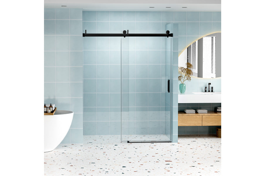 TONA 56" - 60" (W) x 76" (H) Frameless Soft-closing Shower Door, 1/4" (6mm) Tempered Glass Single Sliding with Explosion-proof Coating, Matte Black 24D01-60MBX