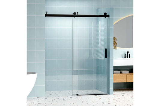 TONA 56" - 60" (W) x 76" (H) Frameless Soft-closing Shower Door, 1/4" (6mm) Tempered Glass Single Sliding with Explosion-proof Coating, Matte Black 24D01-60MBX