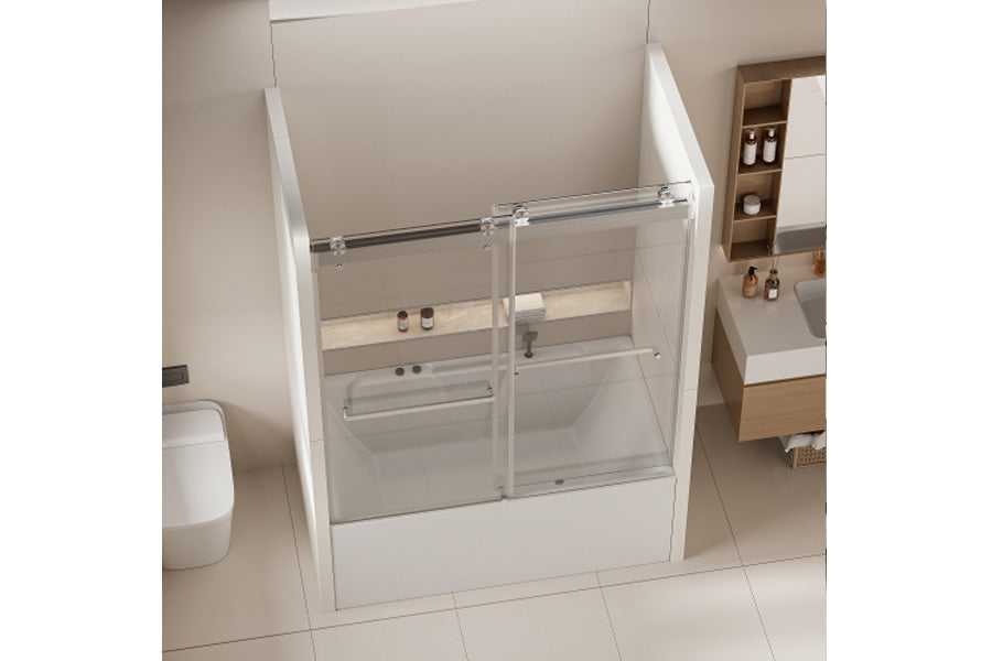 TONA 56-60 in. W x 62 in. H Frameless Double Sliding Tub Door, Bypass Tub Shower Door Soft Closing, Brushed Nickel 24D02-T60BNX