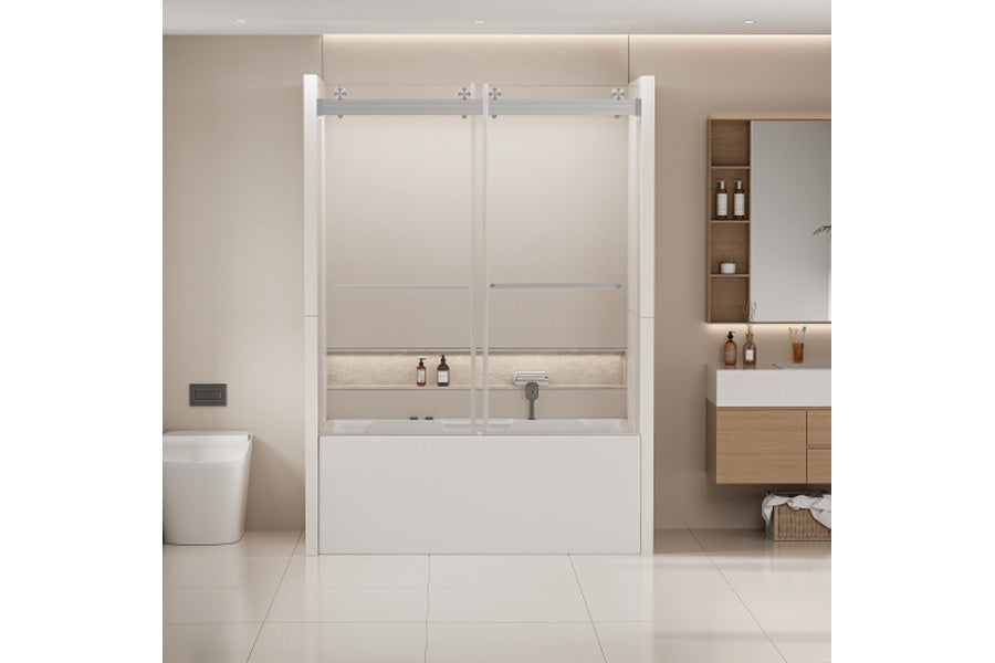 TONA 56-60 in. W x 62 in. H Frameless Double Sliding Tub Door, Bypass Tub Shower Door Soft Closing, Brushed Nickel 24D02-T60BNX