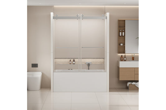 TONA 56-60 in. W x 62 in. H Frameless Double Sliding Tub Door, Bypass Tub Shower Door Soft Closing, Brushed Nickel 24D02-T60BNX
