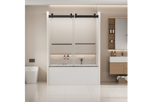 TONA 56-60 in. W x 62 in. H Frameless Double Sliding Tub Door, Bypass Tub Shower Door Soft Closing, Matte Black 24D02-T60MBX