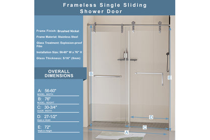 TONA 56-60 in. W x 76 in. H Frameless Shower Door, Single Sliding 5/16" (8mm) Clear Tempered Glass Shower Door with Explosion-Proof Film, Stainless Steel Hardware, Brushed Nickel 24D210-60BN-COMBO