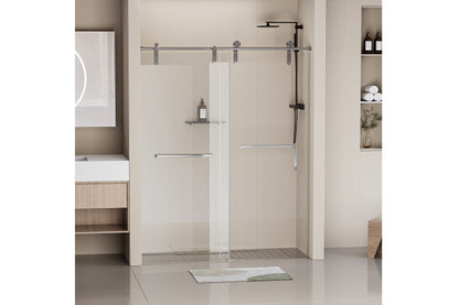 TONA 56-60 in. W x 76 in. H Frameless Shower Door, Single Sliding 5/16" (8mm) Clear Tempered Glass Shower Door with Explosion-Proof Film, Stainless Steel Hardware, Brushed Nickel 24D210-60BN-COMBO