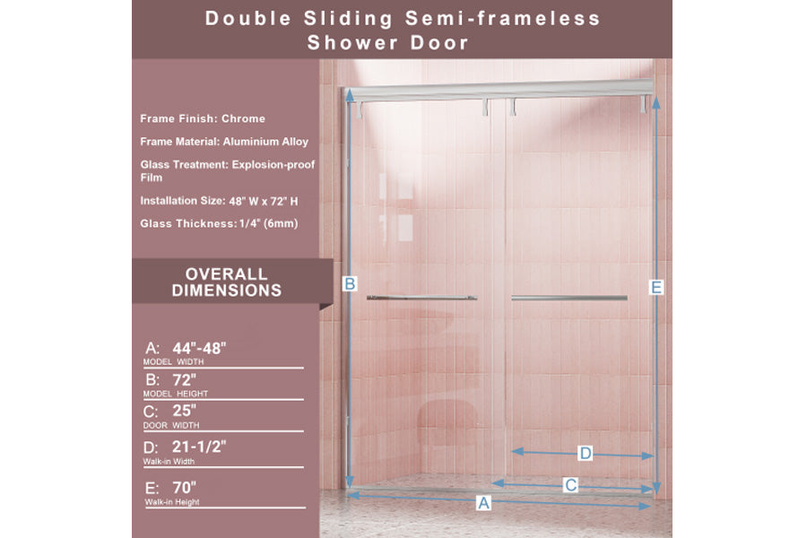 TONA 44 - 48 in. W x 72 in. H Semi-Frameless Shower Door, Double Sliding Shower Door, 1/4" (6mm) Clear Tempered Glass Shower Door with Explosion-Proof Film, Chrome 24D212S-48C