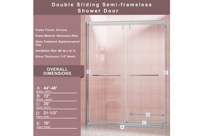 TONA 44 - 48 in. W x 72 in. H Semi-Frameless Shower Door, Double Sliding Shower Door, 1/4" (6mm) Clear Tempered Glass Shower Door with Explosion-Proof Film, Chrome 24D212S-48C